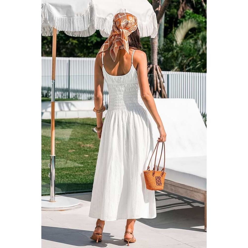 NEW Cupshe x‎ Kelsey Anderson Sunny Side Maxi Dress White Smocked Tie Front MED - Picture 5 of 16